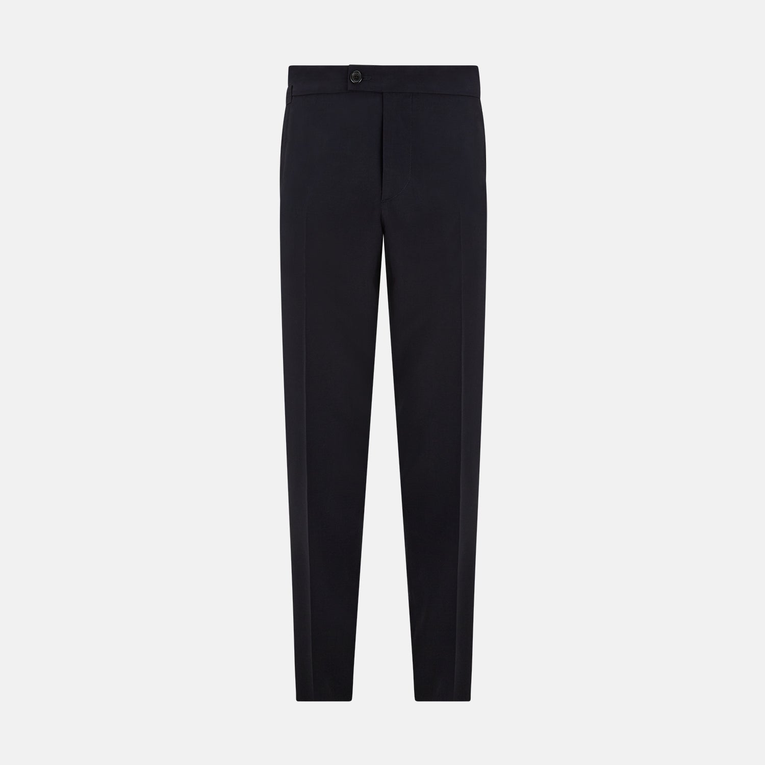 View 1 of product A pair of Midnight Blue Wool Henry Trousers by Turnbull & Asser, with a button closure and straight legs, shown against a plain white background.