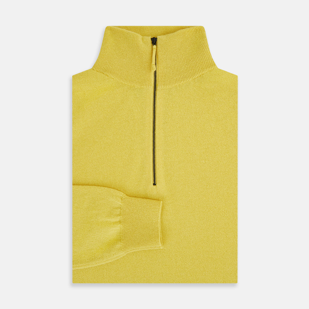 The Turnbull & Asser Canary Yellow Half-Zip Cashmere Jumper features a high collar and front half-zip closure, shown against a white background.