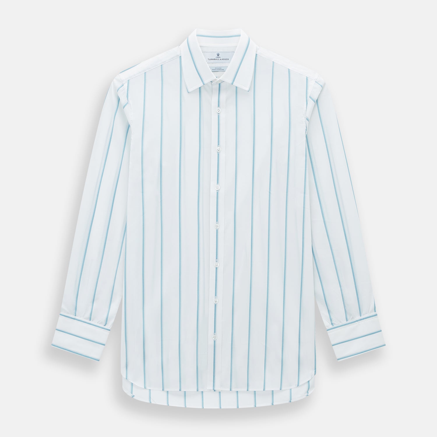 View 1 of product The Turnbull & Asser Turquoise Track Stripe Mayfair Shirt is crafted from Italian cotton with long sleeves, turquoise vertical stripes, a classic collar, and buttoned cuffs, displayed on a plain white background.