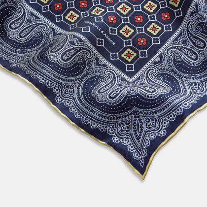 Dark Navy Floral Tile and Paisley Silk Pocket Square