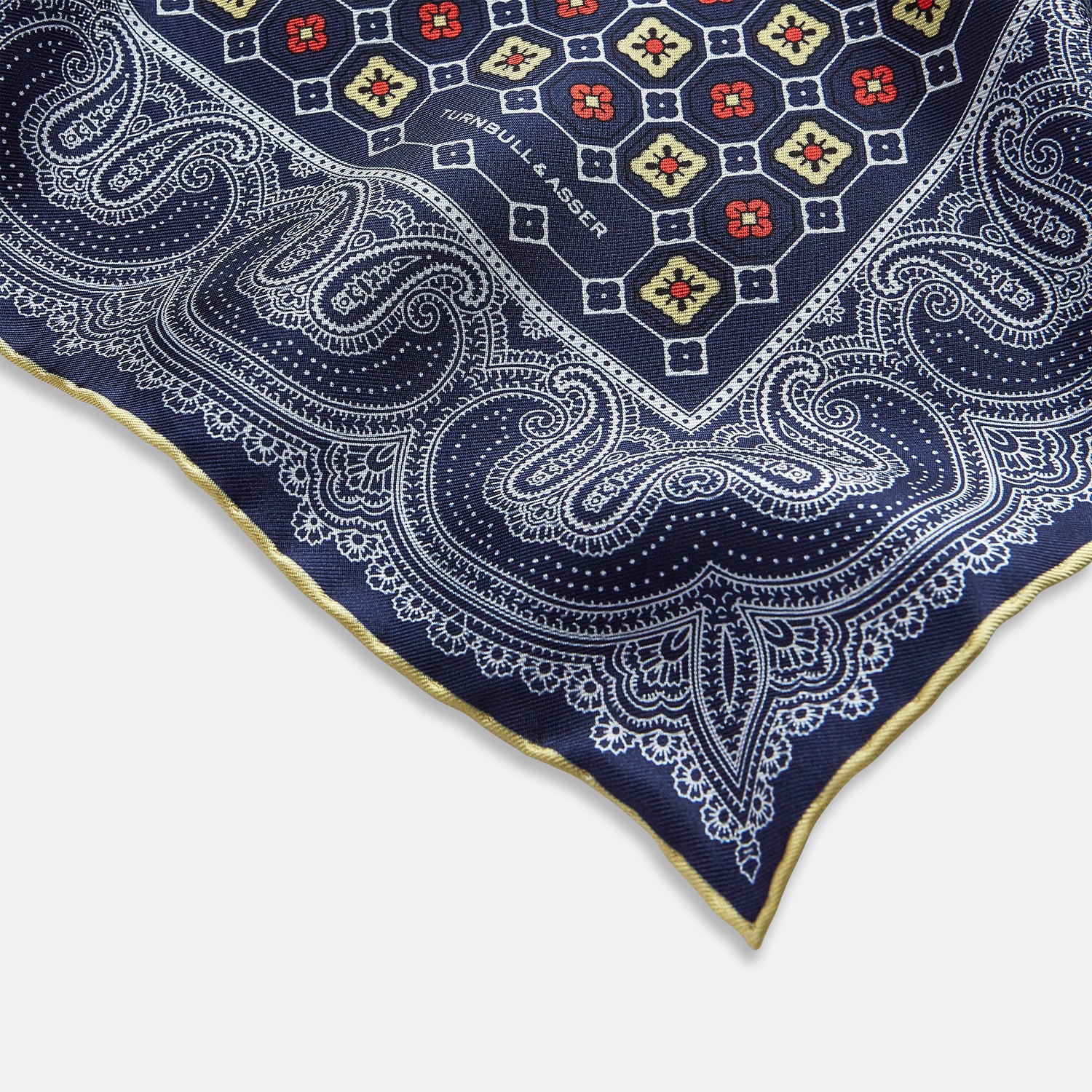 Image 7 of product Dark Navy Floral Tile and Paisley Silk Pocket Square