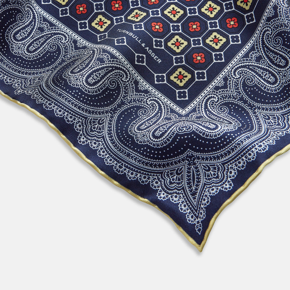 Dark Navy Floral Tile and Paisley Silk Pocket Square