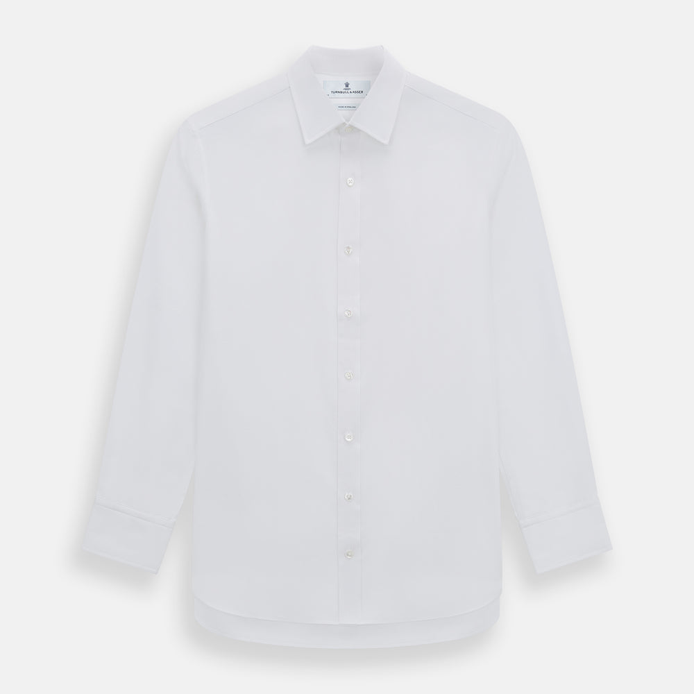 The Turnbull & Asser White Herringbone Mayfair Shirt features long sleeves and a classic collar—a timeless wardrobe essential, shown here against a white background.