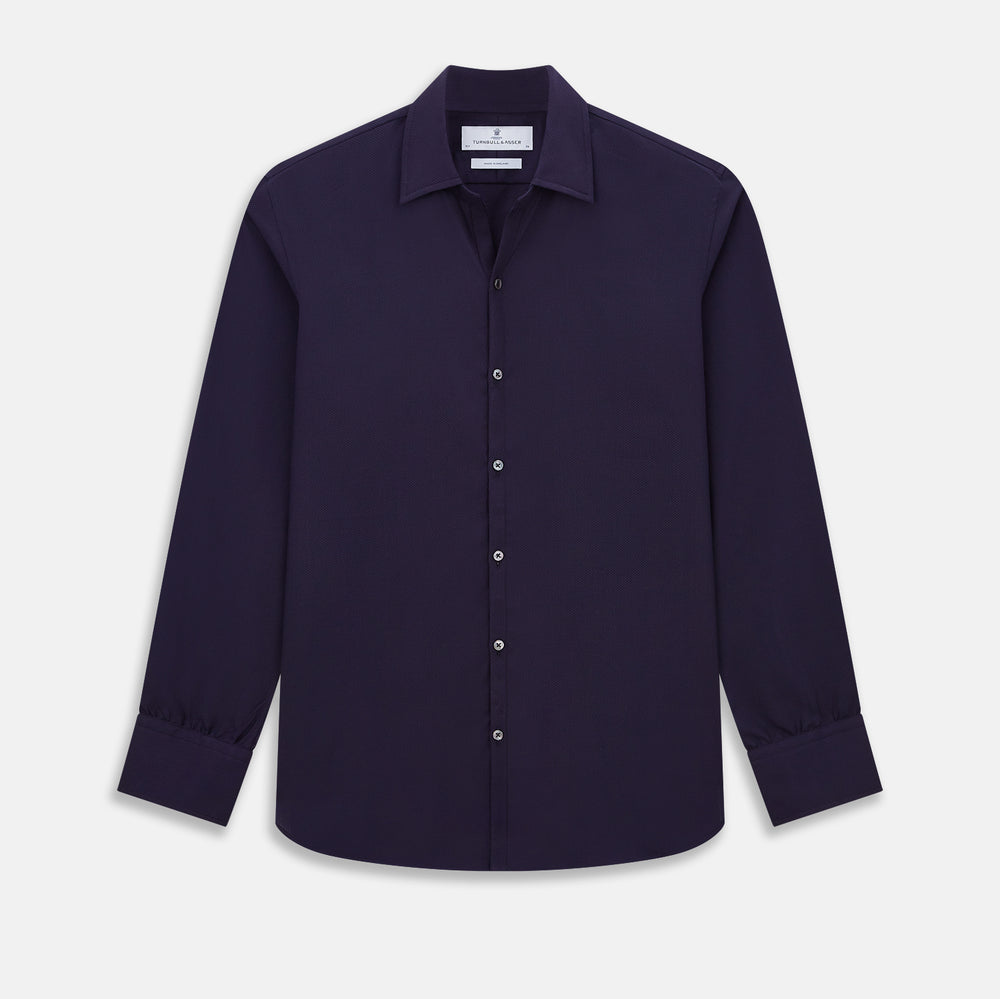 The Navy Textured Windsor Shirt by Turnbull & Asser features long sleeves, a Windsor collar, buttoned cuffs, and white buttons—a fine example of British craftsmanship—set against a plain white background.