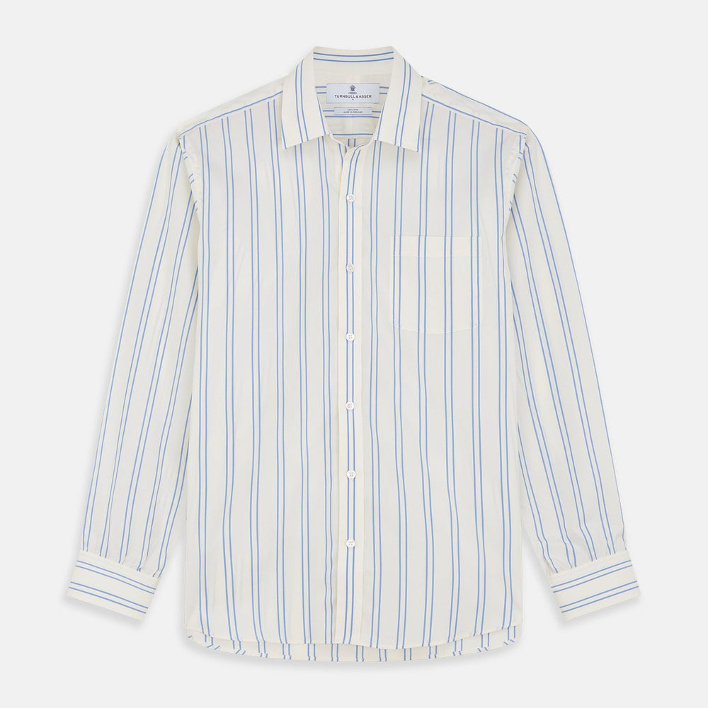 A close-up of Turnbull & Asser's Blue and Off-White Stripe Cotton Fabric, featuring wavy blue stripes on white, displayed in a circular gray border against a light background.