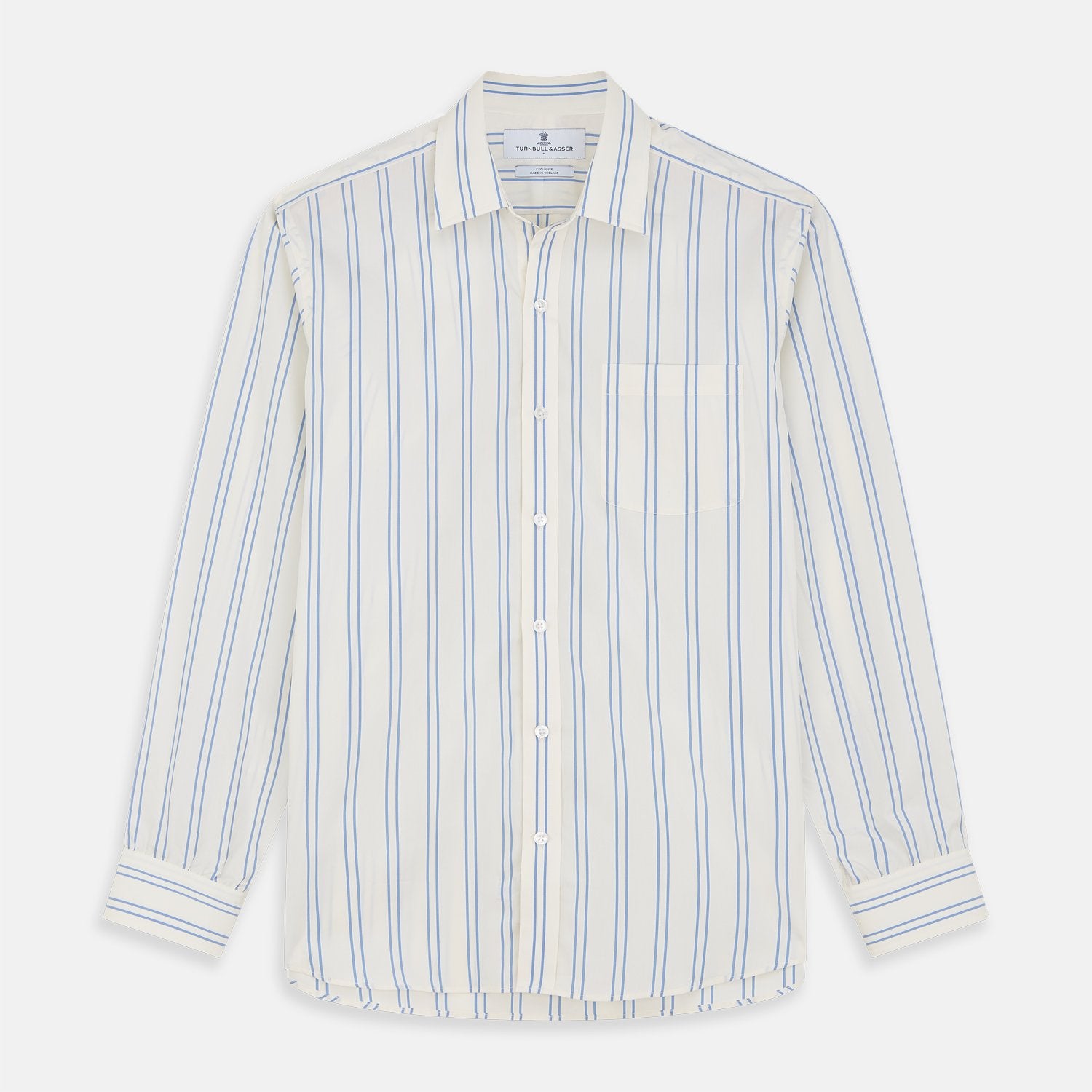 View 2 of product A close-up of Turnbull & Asser's Blue and Off-White Stripe Cotton Fabric, featuring wavy blue stripes on white, displayed in a circular gray border against a light background.