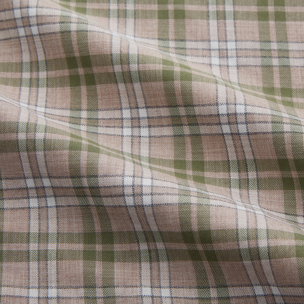 The Turnbull & Asser Green and Oatmeal Multi Check Cotton Weekend Fit Hayne Shirt features a button-down collar and green, beige, and white plaid pattern, shown flat against a white background.
