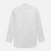 View 3 of product The Turnbull & Asser Midnight Blue and Red Ticking Stripe Mayfair Shirt features long sleeves, a pointed collar, buttoned cuffs, and fine Italian cotton—an essential men's wardrobe piece shown on a plain white background.