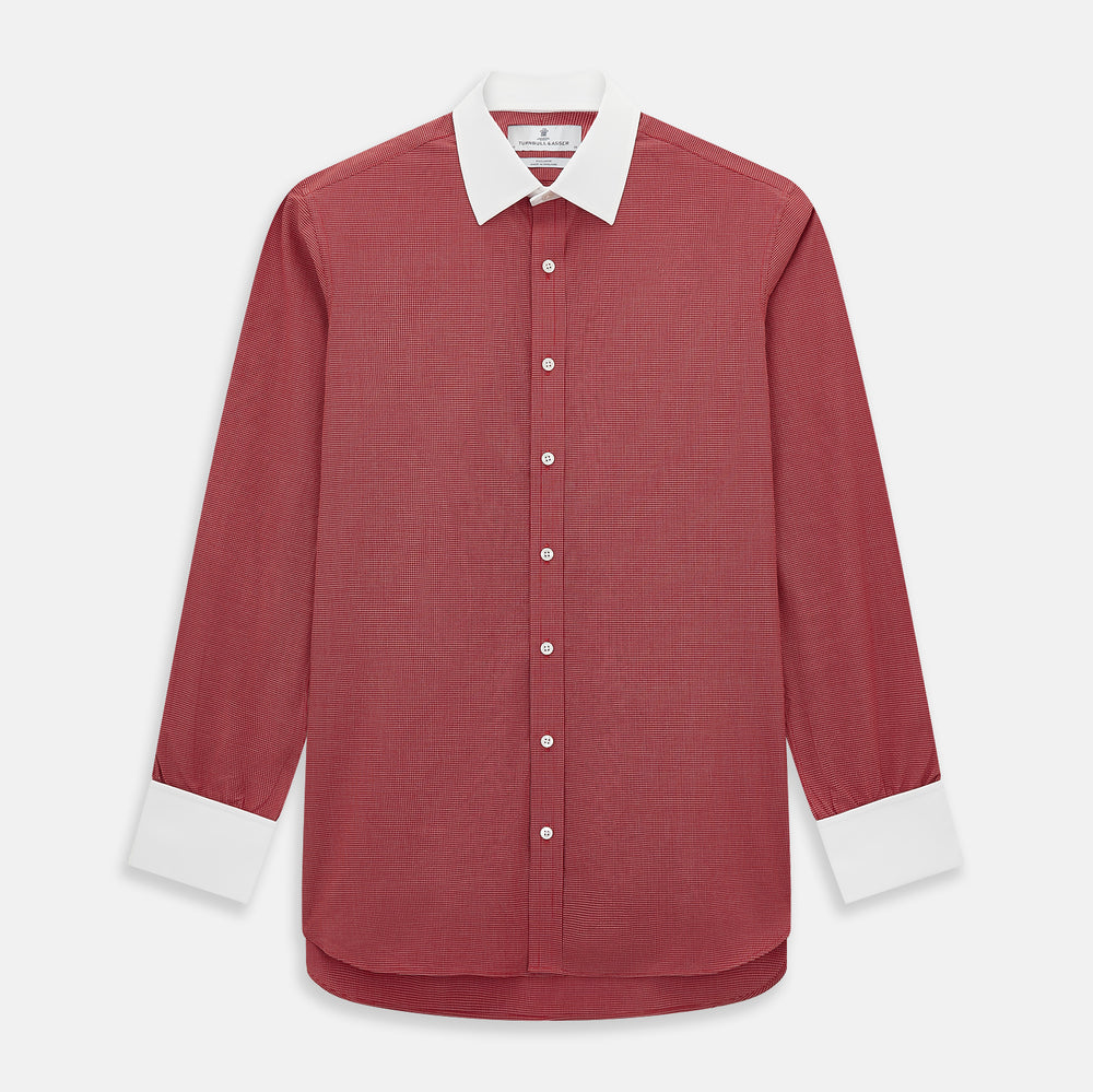 The Turnbull & Asser Dark Red Pin Check Shirt features a crisp white contrast collar and cuffs, with long sleeves and button-up design, shown against a white background.