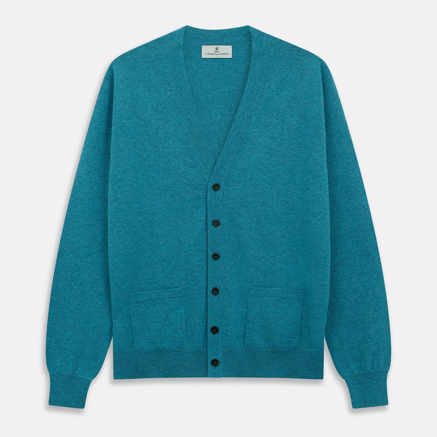 View 1 of product The Teal Lachlan Cashmere Cardigan by Turnbull & Asser features long sleeves, front pockets, and ribbed hem and cuffs. Displayed flat on a white background, this cozy piece is inspired by classic Scottish knitwear.