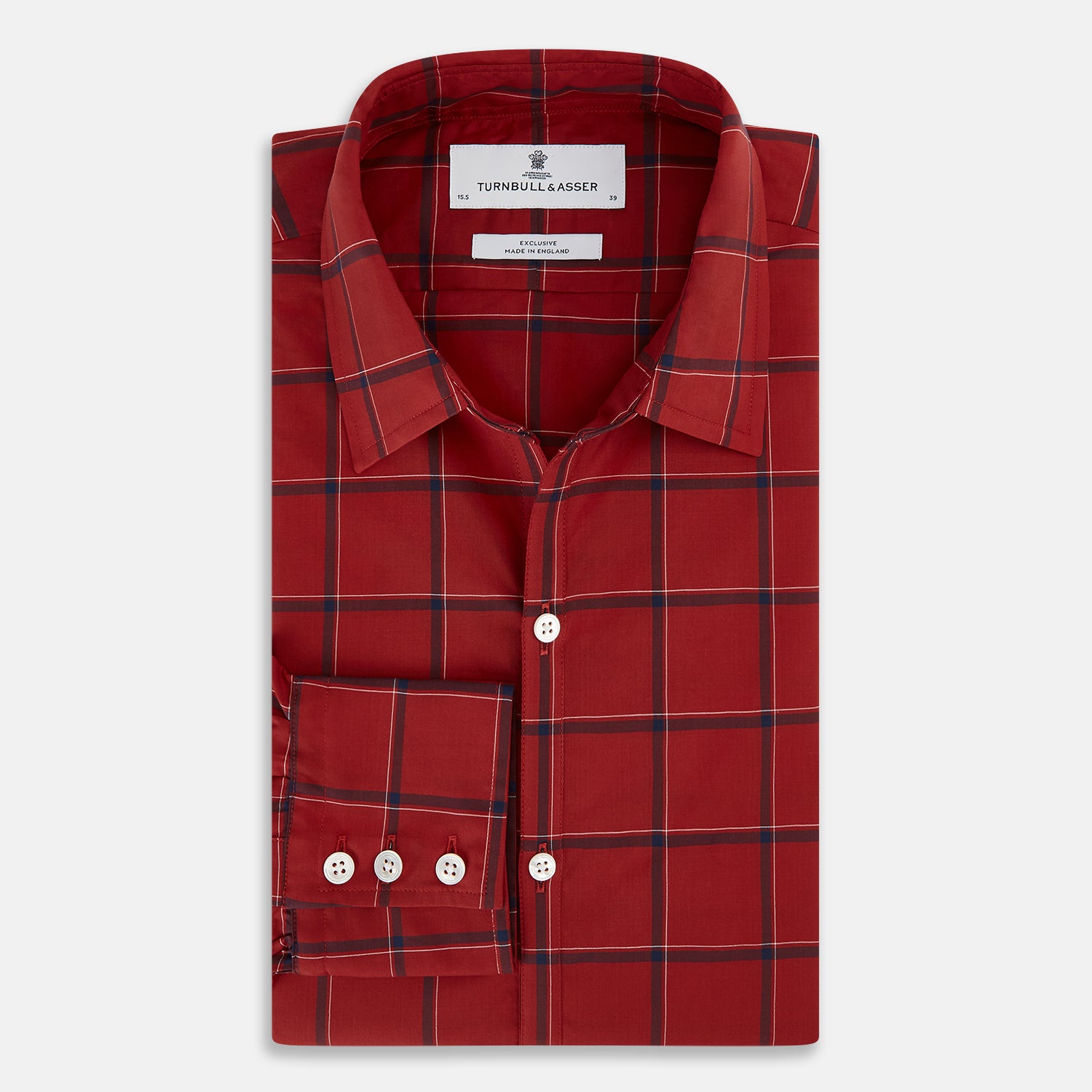Image 5 of product The Turnbull & Asser Dark Red Grid Check Windsor Shirt is a long-sleeved, button-up shirt with a dark red base and black and white grid pattern, displayed flat on a white background.