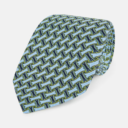 Light Blue and Chartreuse Lemon Weave Patterned Silk Tie