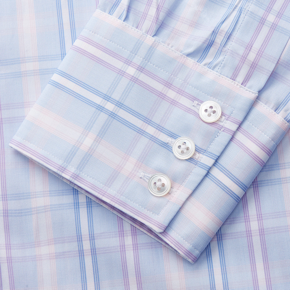 The Turnbull & Asser Pink and Light Blue Check Cotton Regular Fit Mayfair Shirt features long sleeves, buttoned cuffs, a T&A collar, and is shown laid flat on a white background.