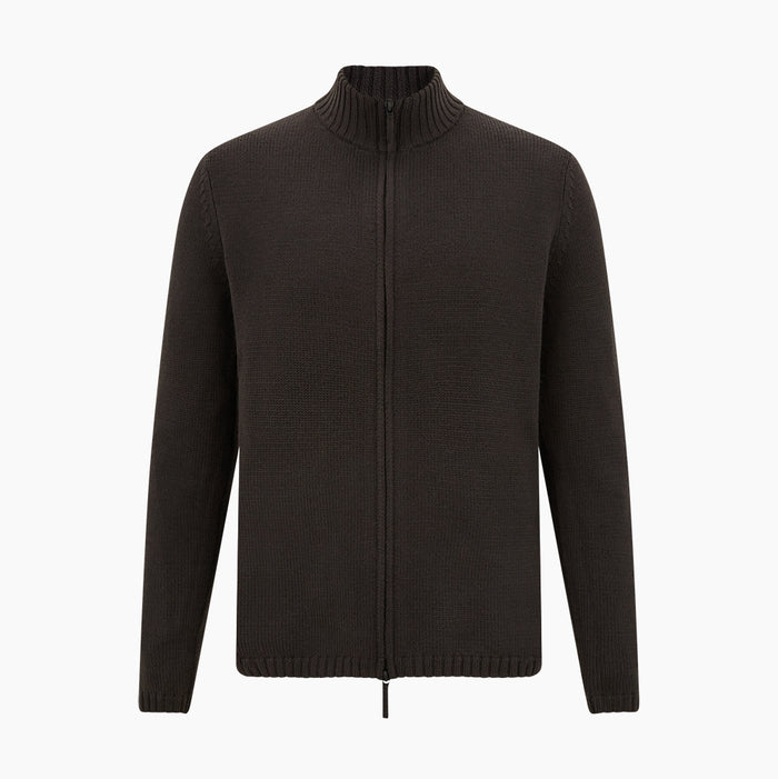 Brown Merino High Neck Zipped Cardigan Image 4