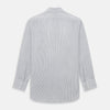 View 3 of product A long-sleeved Midnight Blue Fine Track Stripe Mayfair Shirt by Turnbull & Asser, featuring a T&A collar and white buttons, is laid neatly flat on a white background.