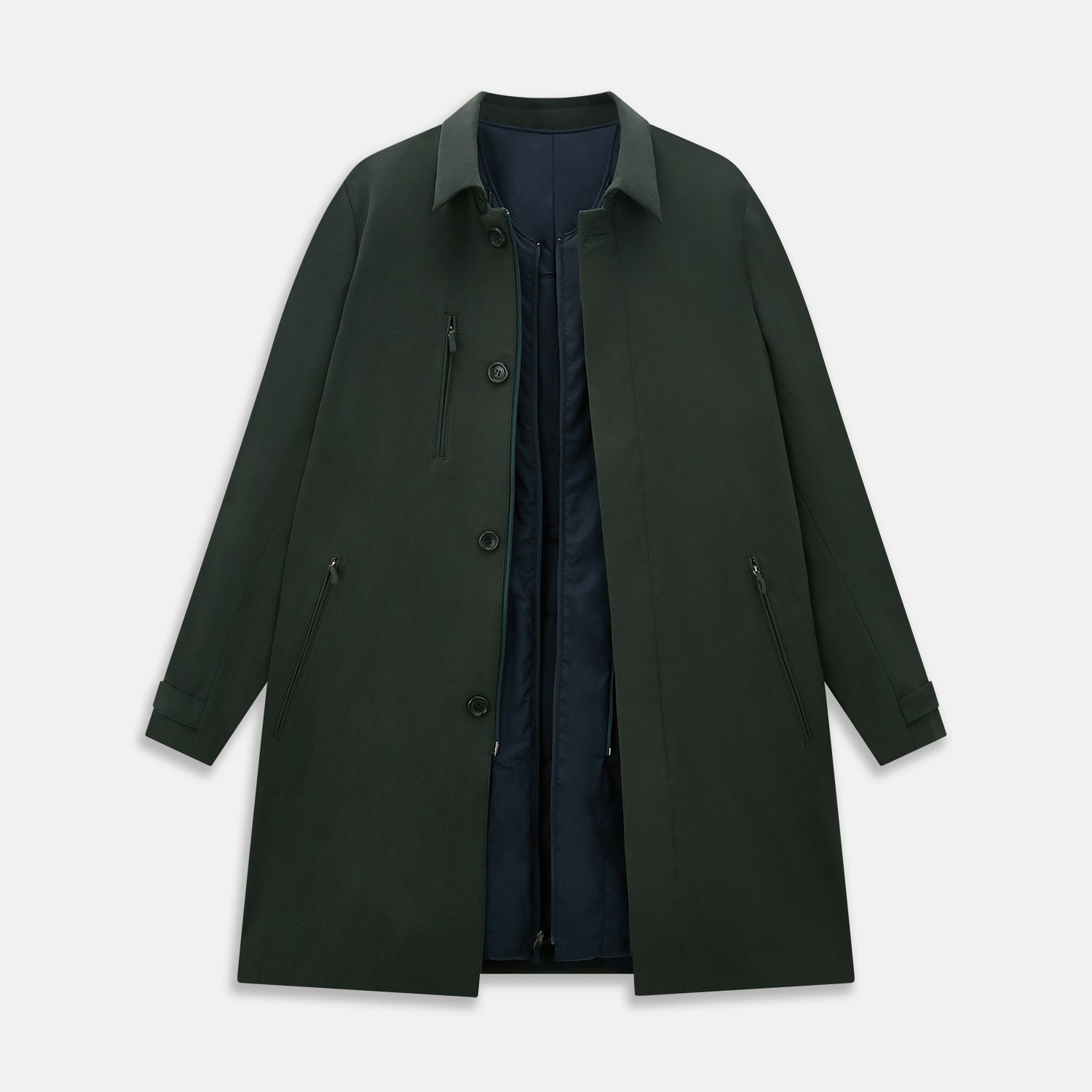 View 4 of product A Forest Green John Arthur Trench Coat by Turnbull & Asser, knee-length with a single-breasted button closure, three zippered pockets, and buttoned cuffs, is laid flat on a white background.