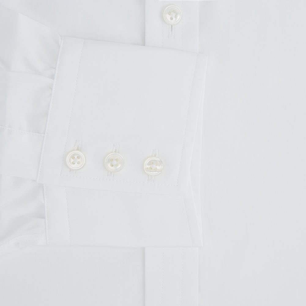 The Turnbull & Asser White Sea Island Quality Cotton Shirt features a T&A collar and 3-button cuffs, crafted from luxurious cotton and displayed on a white background.