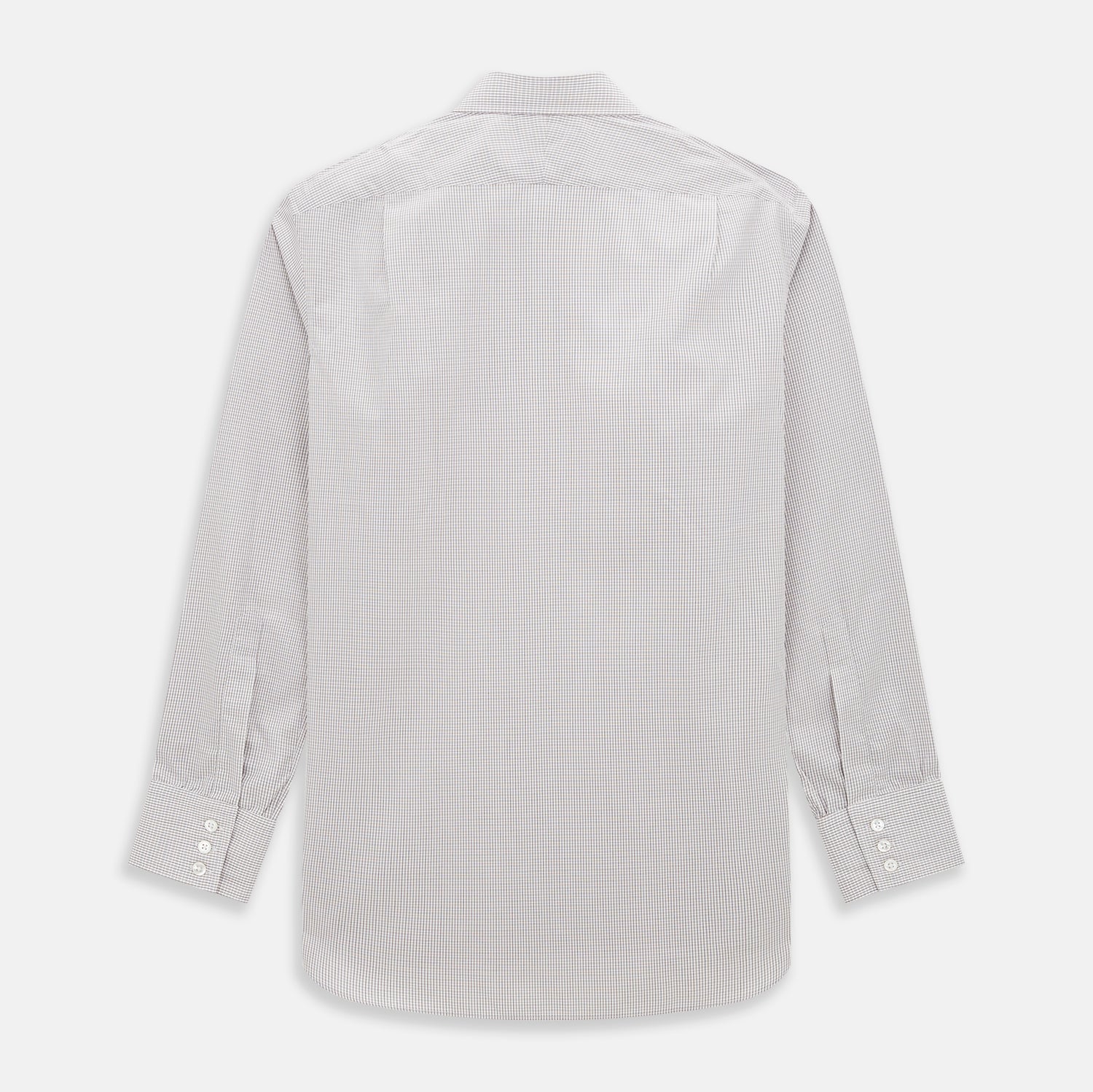 View 3 of product The Turnbull & Asser Burgundy Micro Tattersall Check Mayfair Shirt, crafted from Italian cotton with long sleeves, a button-down front, collar, and buttoned cuffs, is shown on a white background.