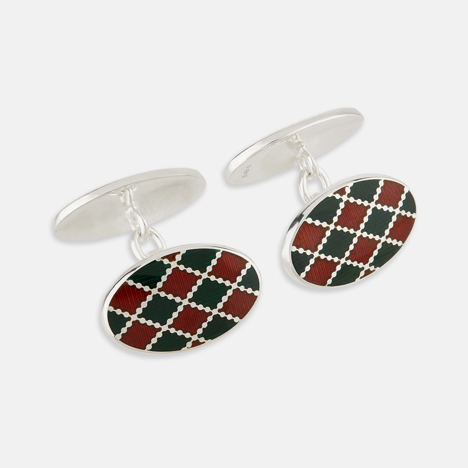 View 1 of product Turnbull & Asser’s Forest Green and Burgundy Checkered Oval Enamel Chain Cufflinks showcase masculine elegance with their sophisticated pattern and refined silver finish.