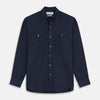 View 1 of product The Turnbull & Asser Navy Weekend Fit Nevis Cotton-Cashmere Shirt features a Dorset collar, button front, 1-button cuffs, and two button-flap chest pockets, shown laid flat on a white background.