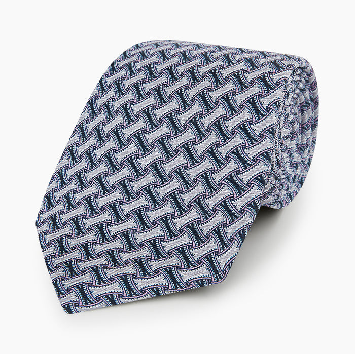 Navy and Pink Weave Patterned Silk Tie Image 4