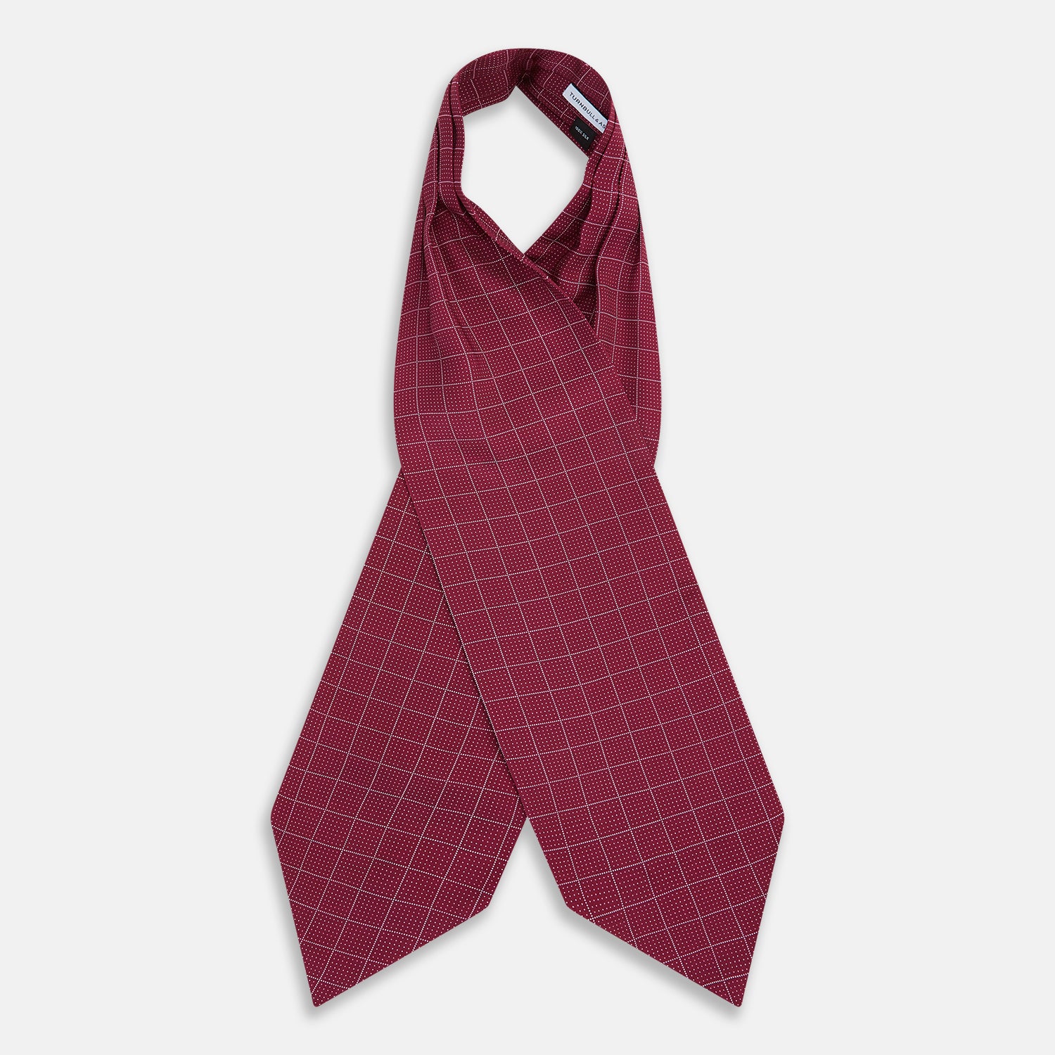 View 2 of product The Turnbull & Asser Burgundy Dotted Check Pattern Printed Silk Cravat, shown on a white background, features a refined British design perfect for elevating your look.