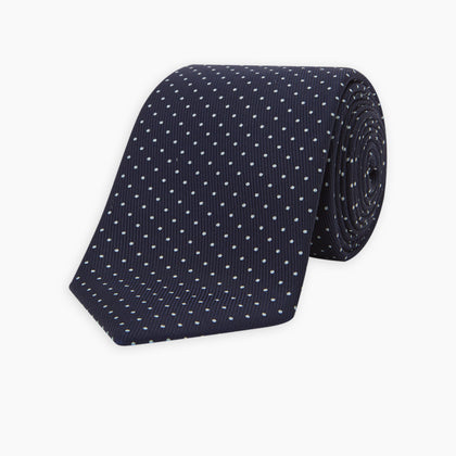 White and Navy Spot Printed Silk Tie Image 4