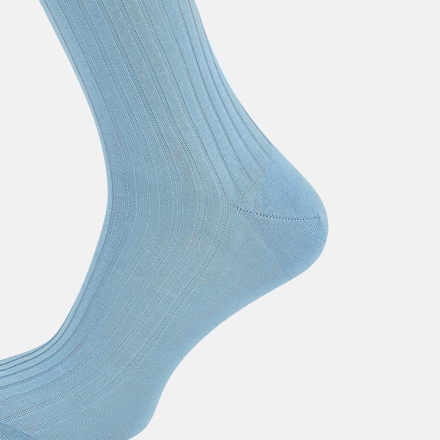 View 4 of product A single Turnbull & Asser Pale Blue Mid-Length Sock, made from Egyptian cotton with a ribbed texture, is displayed upright against a plain white background.