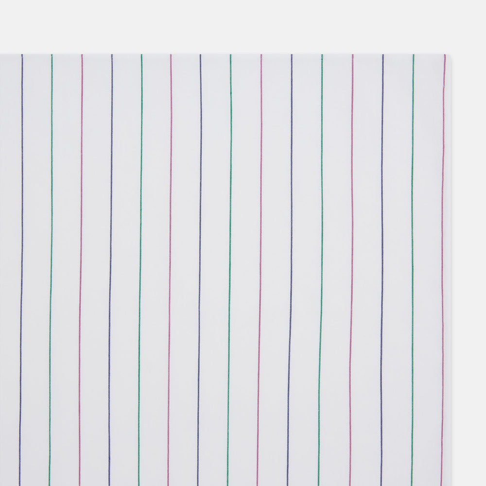 The Turnbull & Asser Hand Rolled Pink and Green Pinstripe Handkerchief features a simple striped pattern in blue, green, and pink, echoing the timeless elegance of a classic gentleman's accessory.
