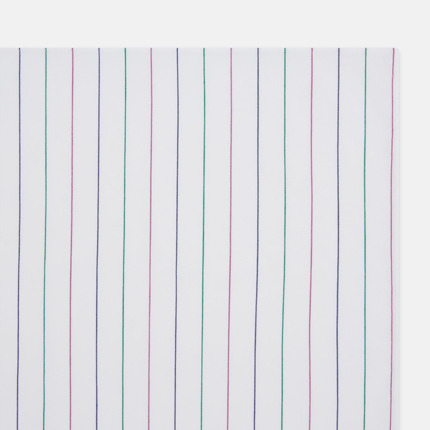 View 2 of product The Turnbull & Asser Hand Rolled Pink and Green Pinstripe Handkerchief features a simple striped pattern in blue, green, and pink, echoing the timeless elegance of a classic gentleman's accessory.