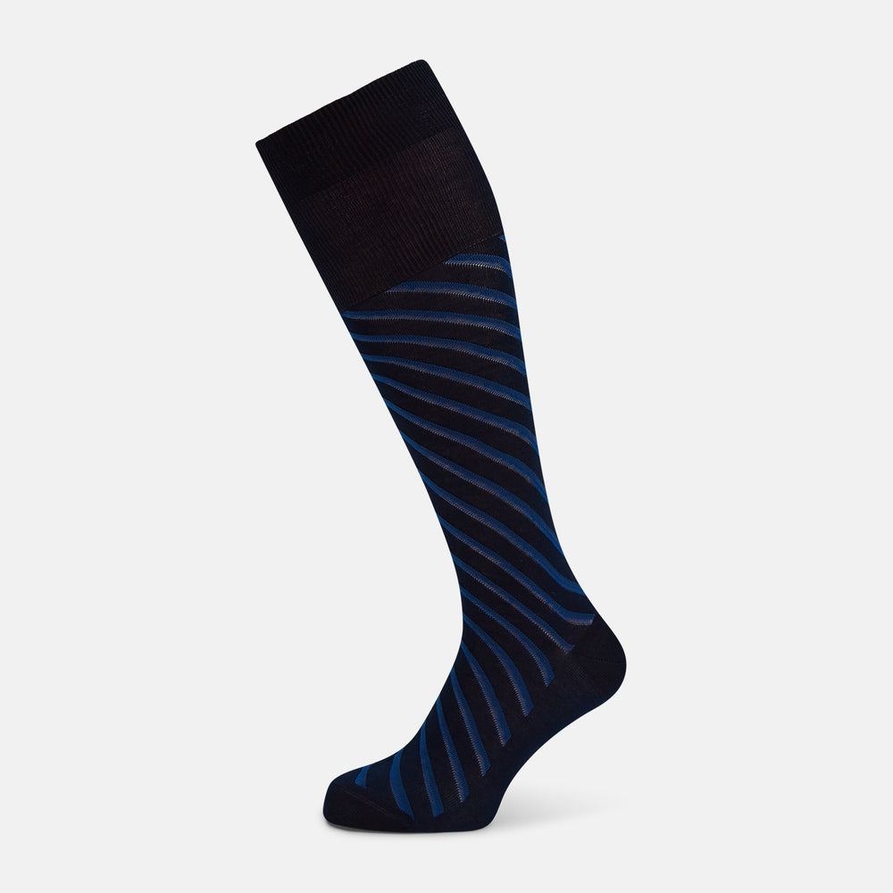 The Turnbull & Asser Navy Diagonal Striped Long Sock, crafted from premium mercerised Egyptian cotton, is shown solo on a plain white background.