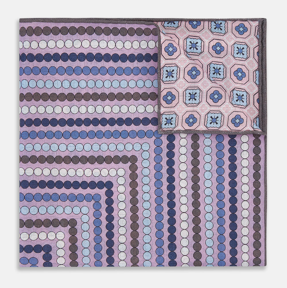 Lilac Dots and Floral Tile Double-Sided Silk Pocket Square