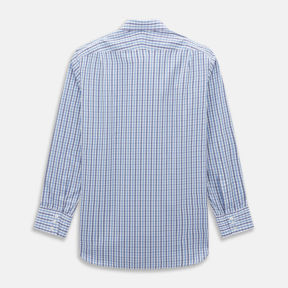The Turnbull & Asser Blue and Navy Multi Check Mayfair Shirt, made from fine Italian cotton with long sleeves, a button-up front, and a classic collar, is shown against a white background.