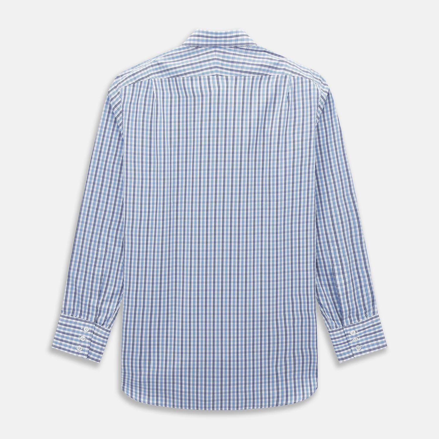 View 3 of product The Turnbull & Asser Blue and Navy Multi Check Mayfair Shirt, made from fine Italian cotton with long sleeves, a button-up front, and a classic collar, is shown against a white background.