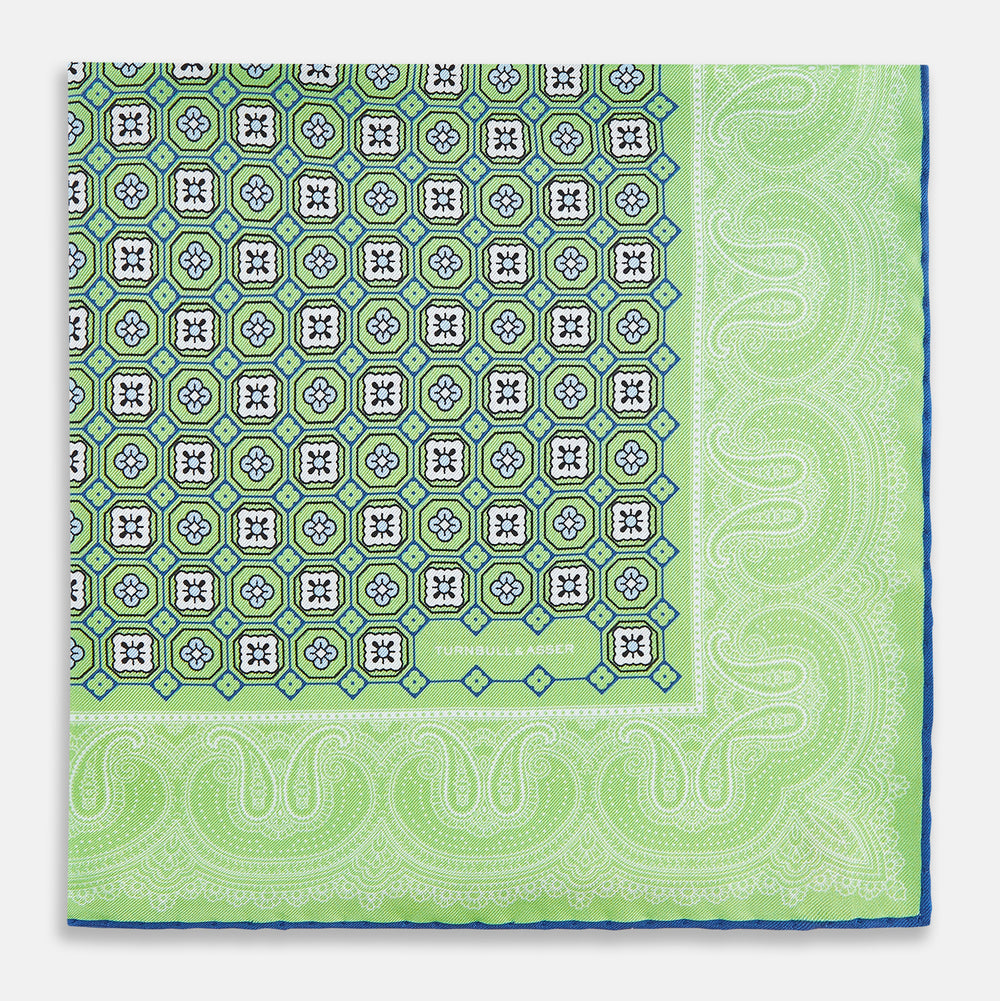 Fern Green Floral Tile and Paisley Silk Pocket Square