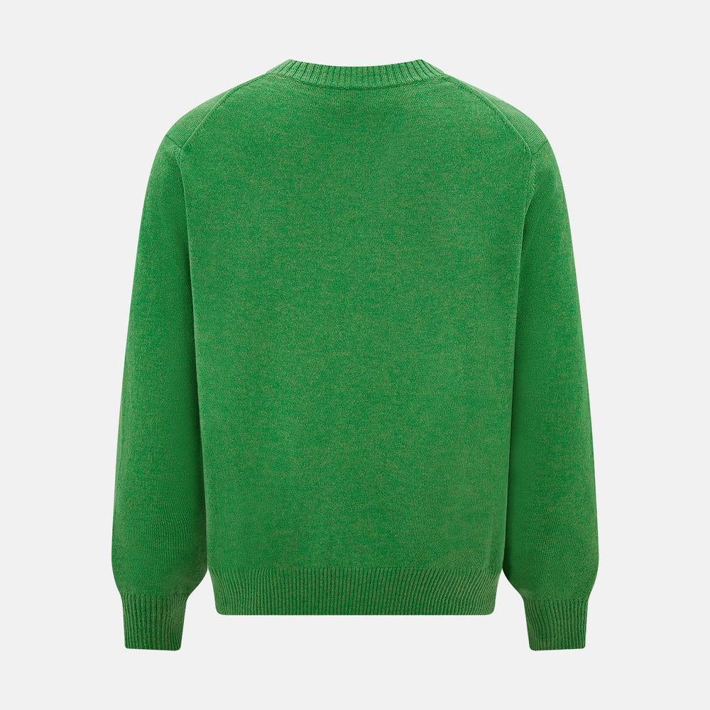The Turnbull & Asser Lime Green Cashmere Cardigan features a V-neck, long sleeves, ribbed cuffs and hem, button-down front, and two front pockets—an essential knitwear piece shown against a plain white background.