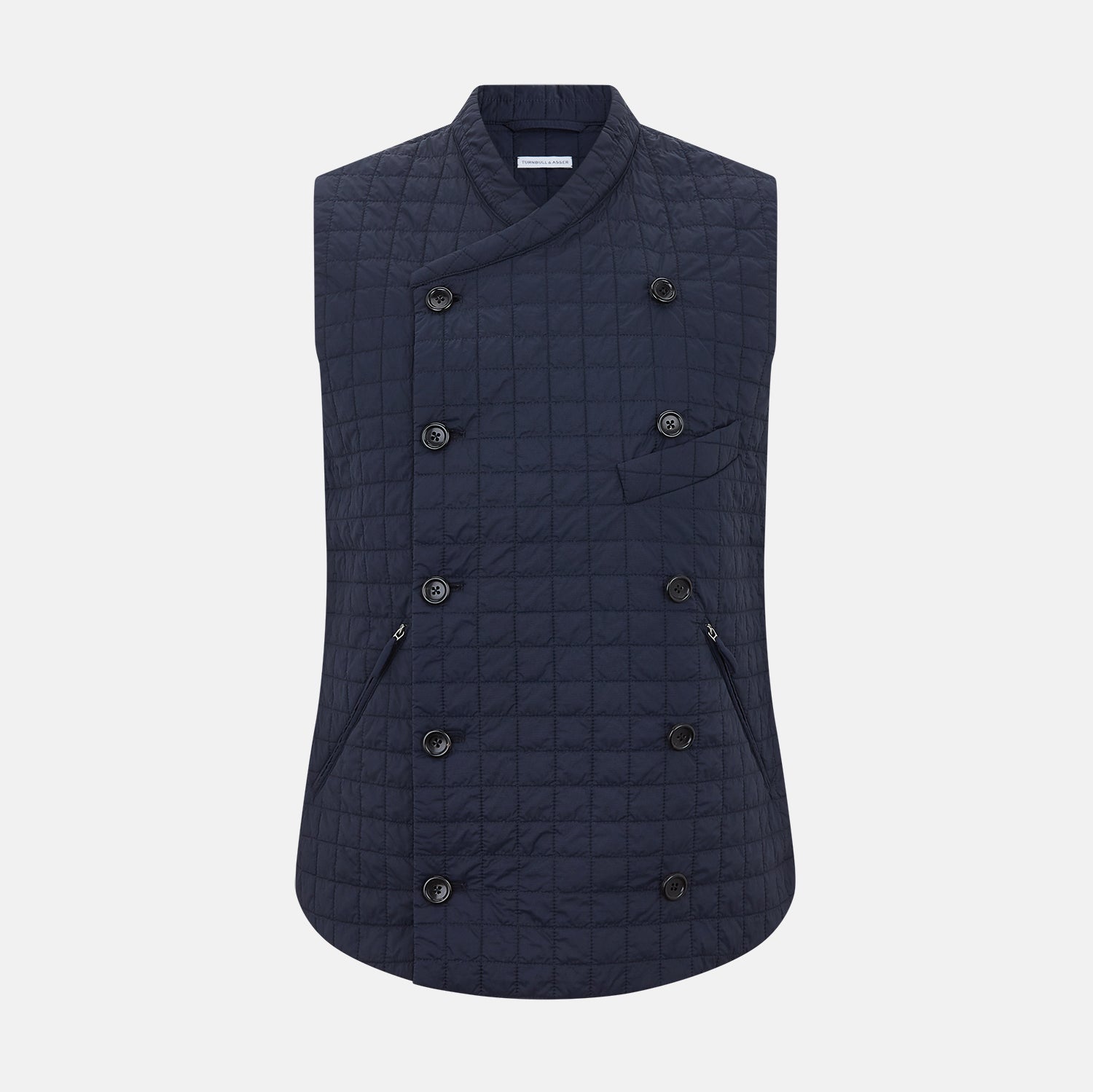 Image 1 of product The Turnbull & Asser Navy Double-Breasted Quilted Gilet is a sleeveless piece with an asymmetrical button closure, chest pocket, and two zippered side pockets, shown on a plain white background—ideal for layered dressing.