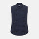 The Turnbull & Asser Navy Double-Breasted Quilted Gilet is a sleeveless piece with an asymmetrical button closure, chest pocket, and two zippered side pockets, shown on a plain white background—ideal for layered dressing.