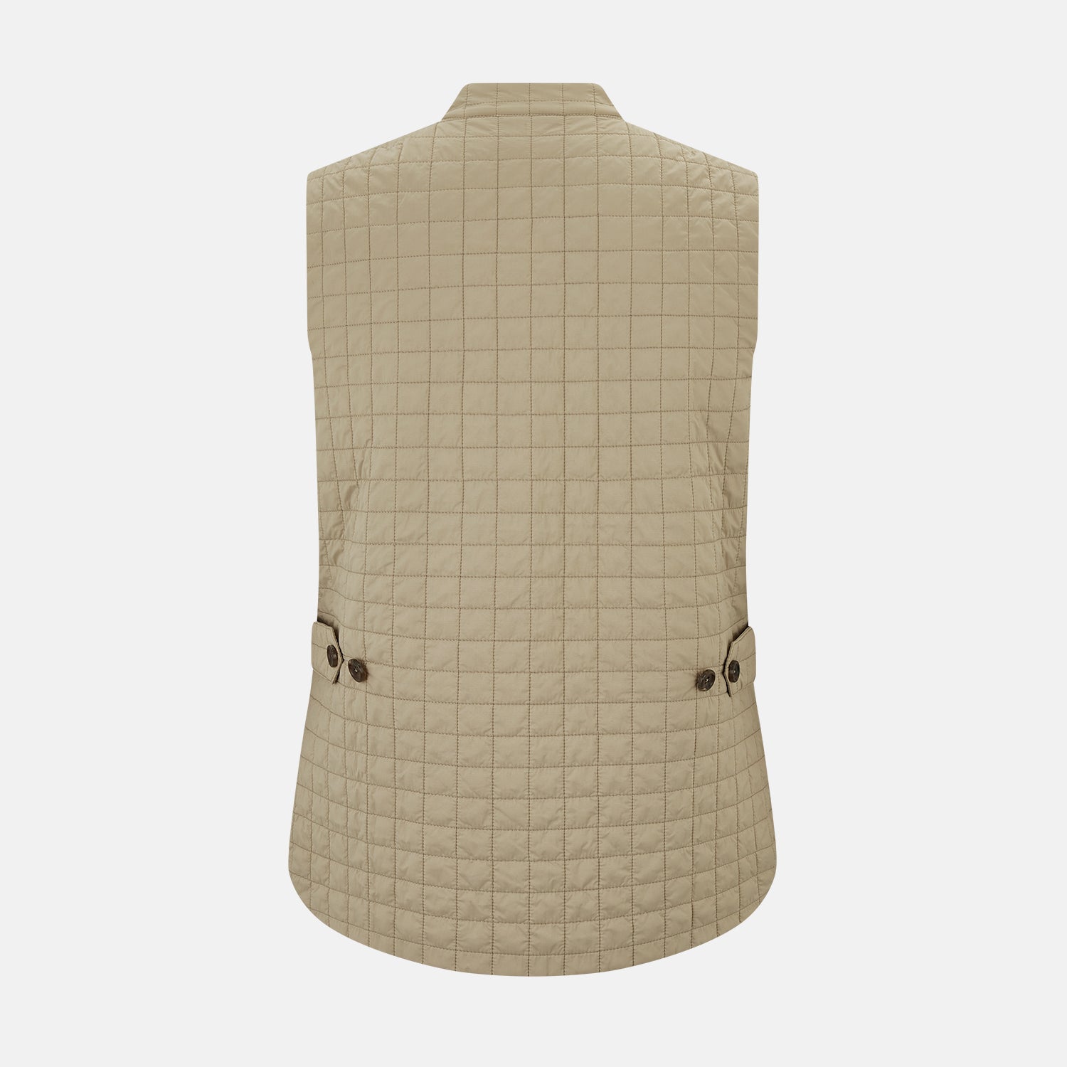 Image 3 of product The Turnbull & Asser Sand Double-Breasted Quilted Gilet features a sleeveless design, brown buttons, slanted chest pocket, and two zippered side pockets—perfect for modern layered dressing. Shown on a plain white background.