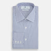 View 5 of product The Turnbull & Asser Navy Bengal Stripe Mayfair Shirt is a long-sleeved, collared formal shirt with blue and white stripes, white buttons, and buttoned cuffs—ideal for classic style enthusiasts. Displayed on a plain white background.