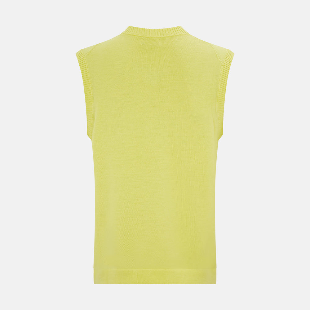 The Bright Yellow Fine Merino V-Neck Vest by Turnbull & Asser is a sleeveless jumper with ribbed edges, shown on a white background—ideal for the refined gentleman who values classic style.