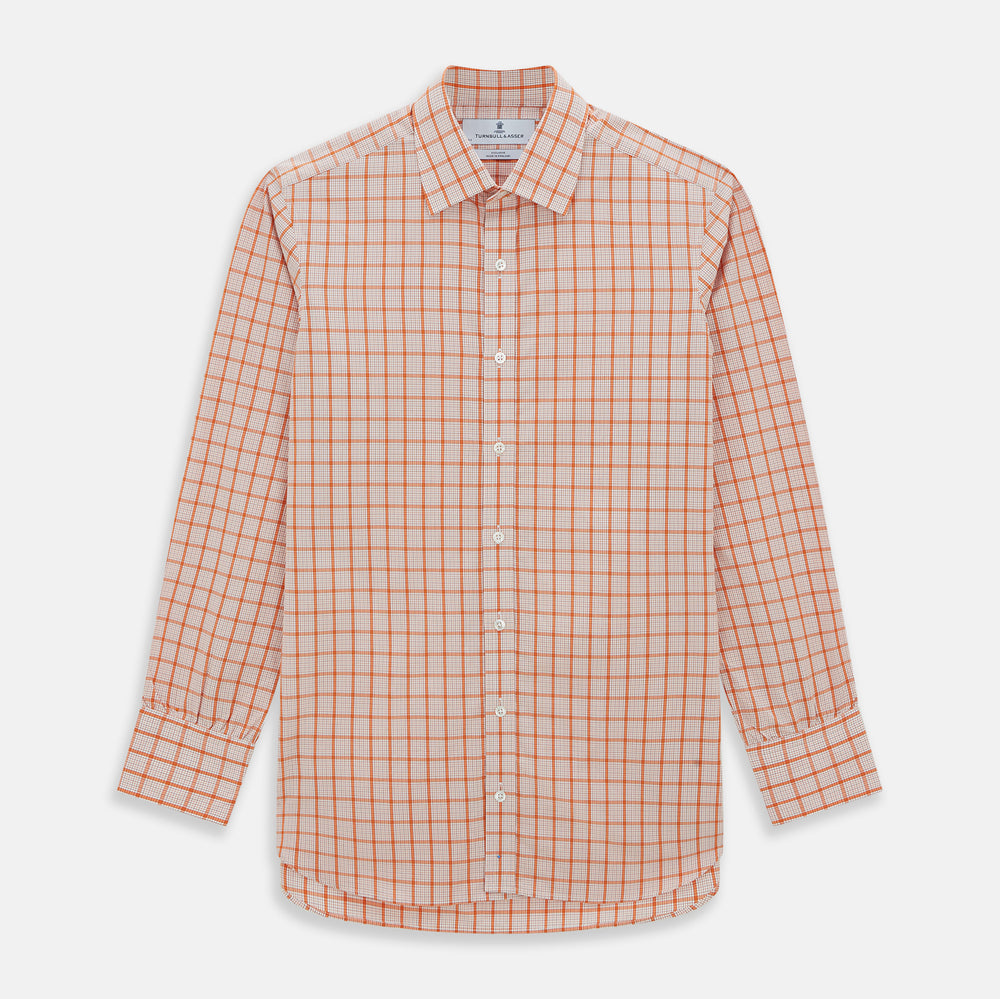The Turnbull & Asser Orange Graph Overlay Check Mayfair Shirt is a soft organic cotton long-sleeve with button-down front, collar, and cuffs—an ideal capsule wardrobe staple—shown on a plain white background.