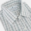 View 2 of product The Turnbull & Asser Forest Green Multi Check Westminster Shirt is a tailored, long-sleeved, button-up shirt with a collar and a white base featuring light blue and green plaid, displayed flat on a white background.