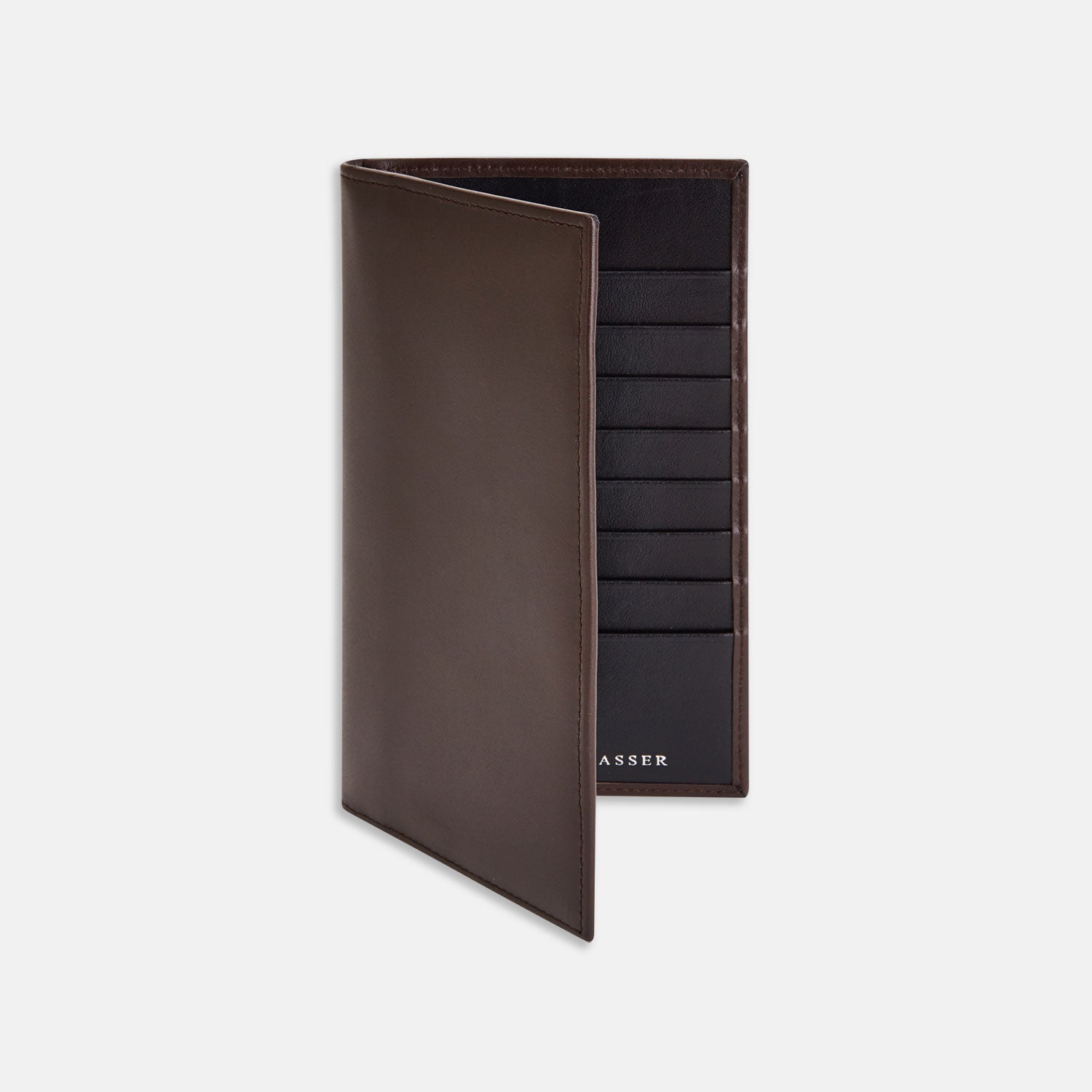 View 1 of product The Turnbull & Asser Brown Coat Wallet stands upright and open against a white background, showcasing multiple black card slots inside.