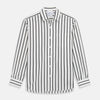 View 2 of product A close-up of Turnbull & Asser's Black & White Wide Stripe Cotton Fabric, featuring evenly spaced wavy black stripes on white, displayed in a circular frame against a plain background.