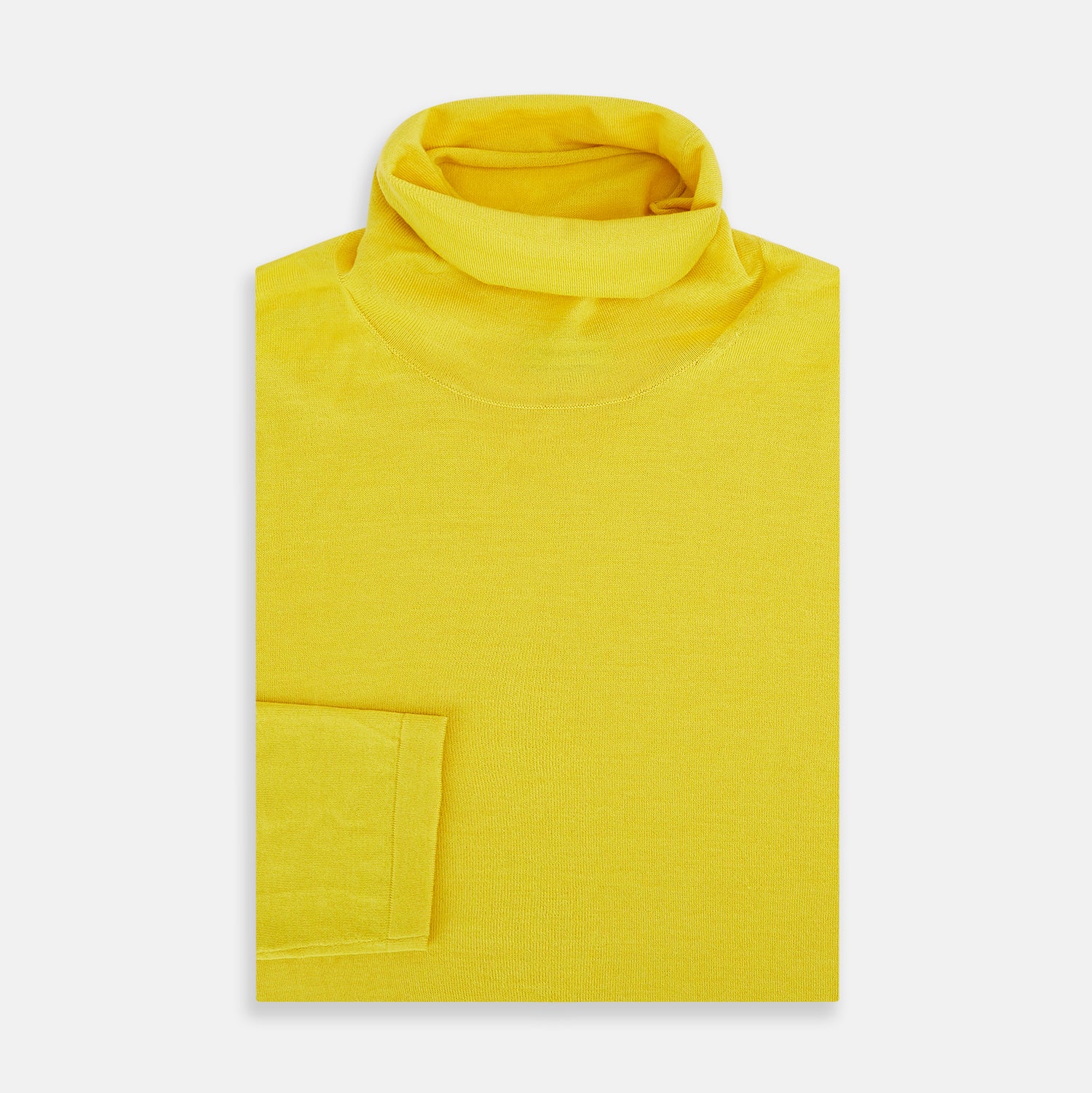 View 4 of product The Turnbull & Asser Canary Yellow Fine Merino High Neck Jumper features soft merino wool, long sleeves, and a classic turtleneck design, presented on a plain white background.
