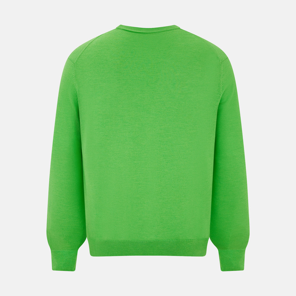 The Turnbull & Asser Lime Green Fine Merino V-Neck Cardigan features long sleeves and dark brown front buttons, shown against a plain white background.