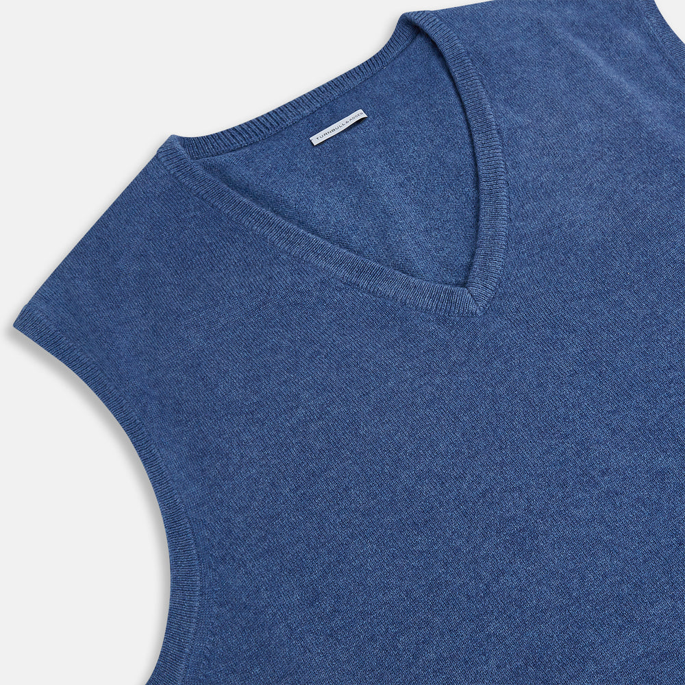The Turnbull & Asser Blue V-Neck Sleeveless Cashmere Vest features a ribbed hem and is shown against a plain white background.