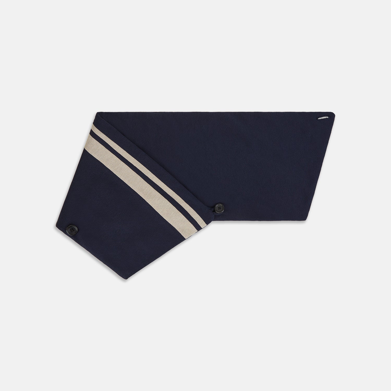 Image 3 of product The Navy and Sand Stripe Neck Warmer by Turnbull & Asser features two beige diagonal stripes and a black button, draped in a V shape on a white background—an elegant formal accessory for any occasion.