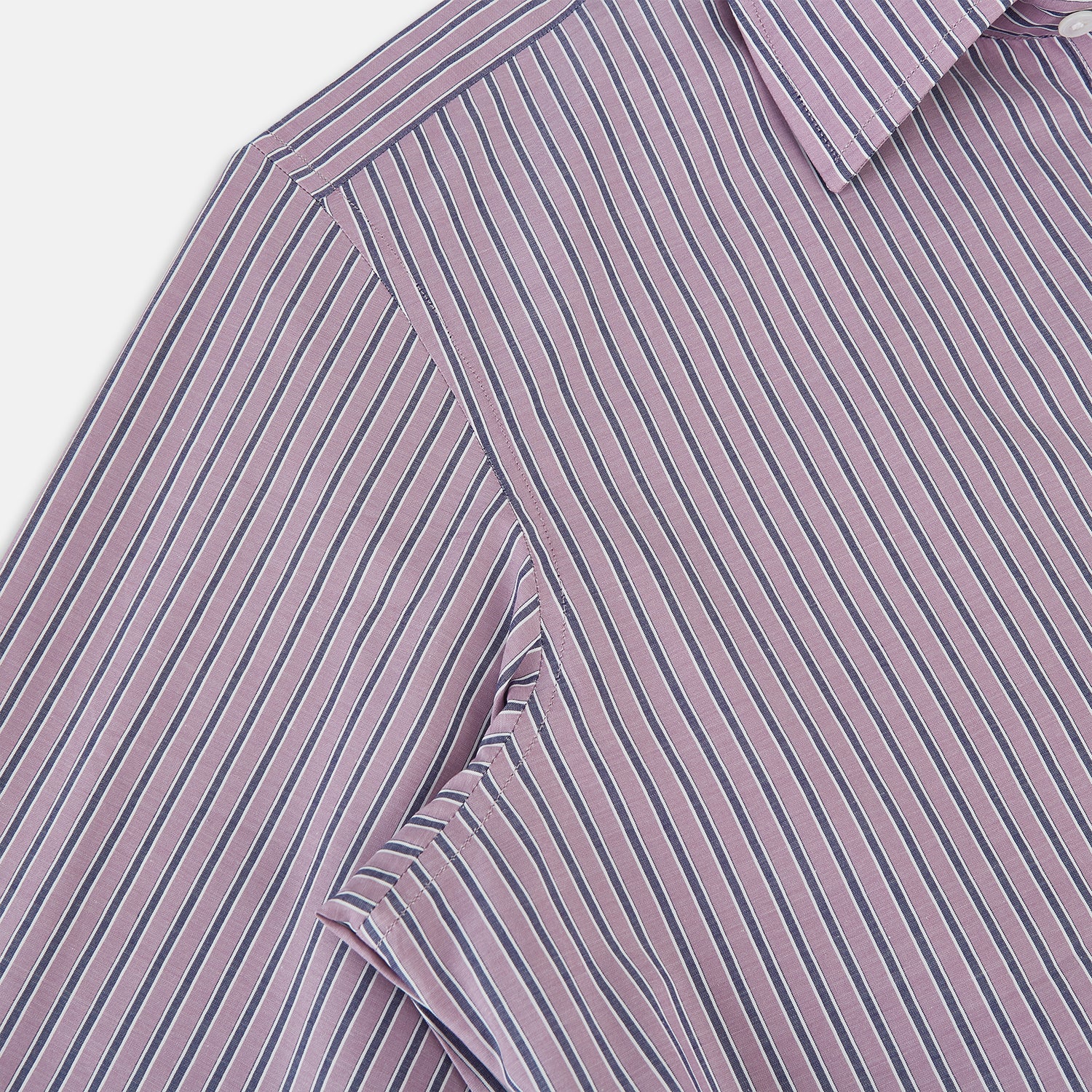 Image 6 of product The Turnbull & Asser Antique Pink Ticking Stripe Westminster Shirt is a collared, long-sleeve button-up with thin vertical pink stripes on white, highlighting British craftsmanship. It’s shown neatly laid flat and fully buttoned.